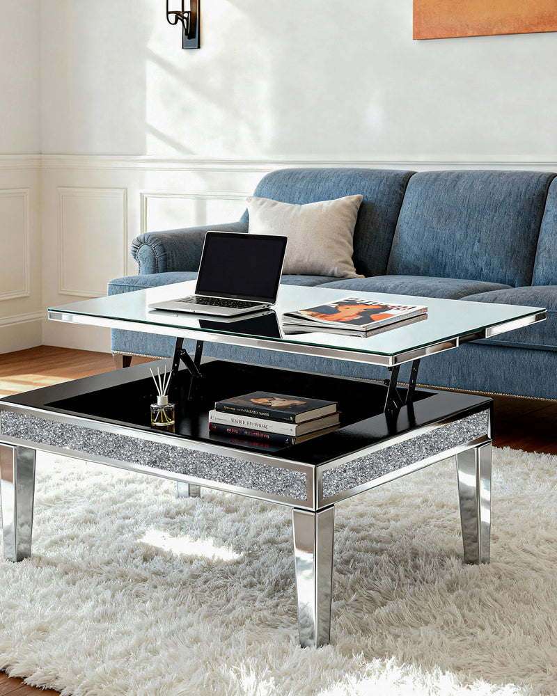 Mirror Glass Coffee Table Lift Top Accent Table with Hidden Storage