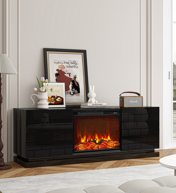 Modern TV Stand with Electric Fireplace, 63" High Gloss Black Entertainment Console