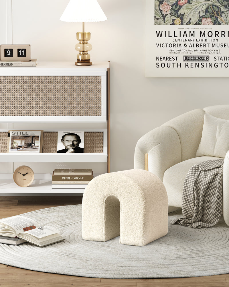 White Accent Upholstered Ottoman, N Shaped