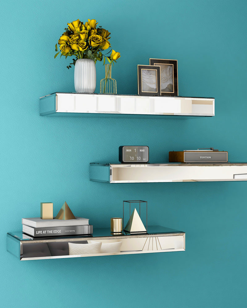 Silver Set of 3 Mirrored Glass Floating Shelves