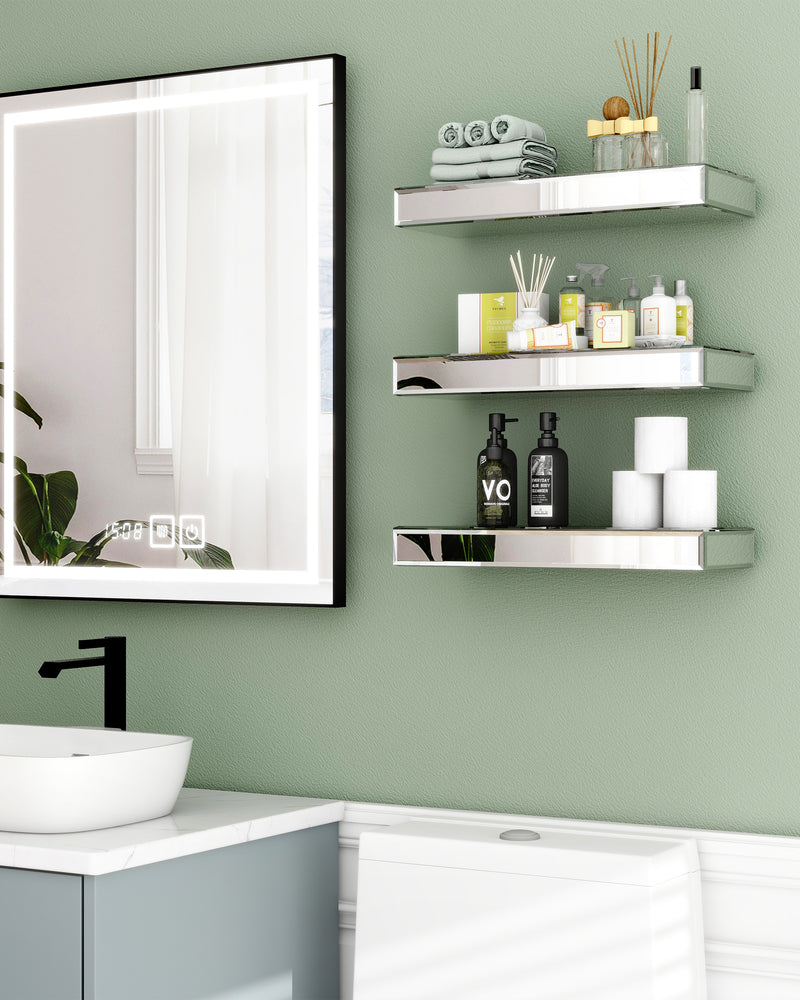 Silver Set of 3 Mirrored Glass Floating Shelves