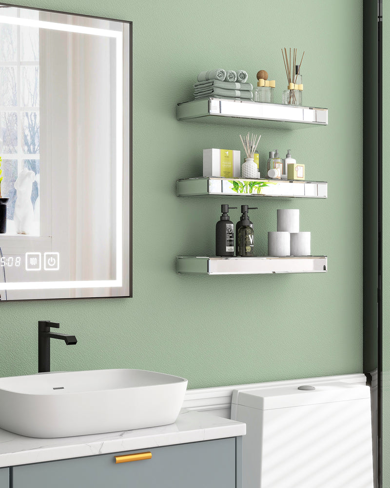 Silver Set of 3 Mirrored Glass Floating Shelves