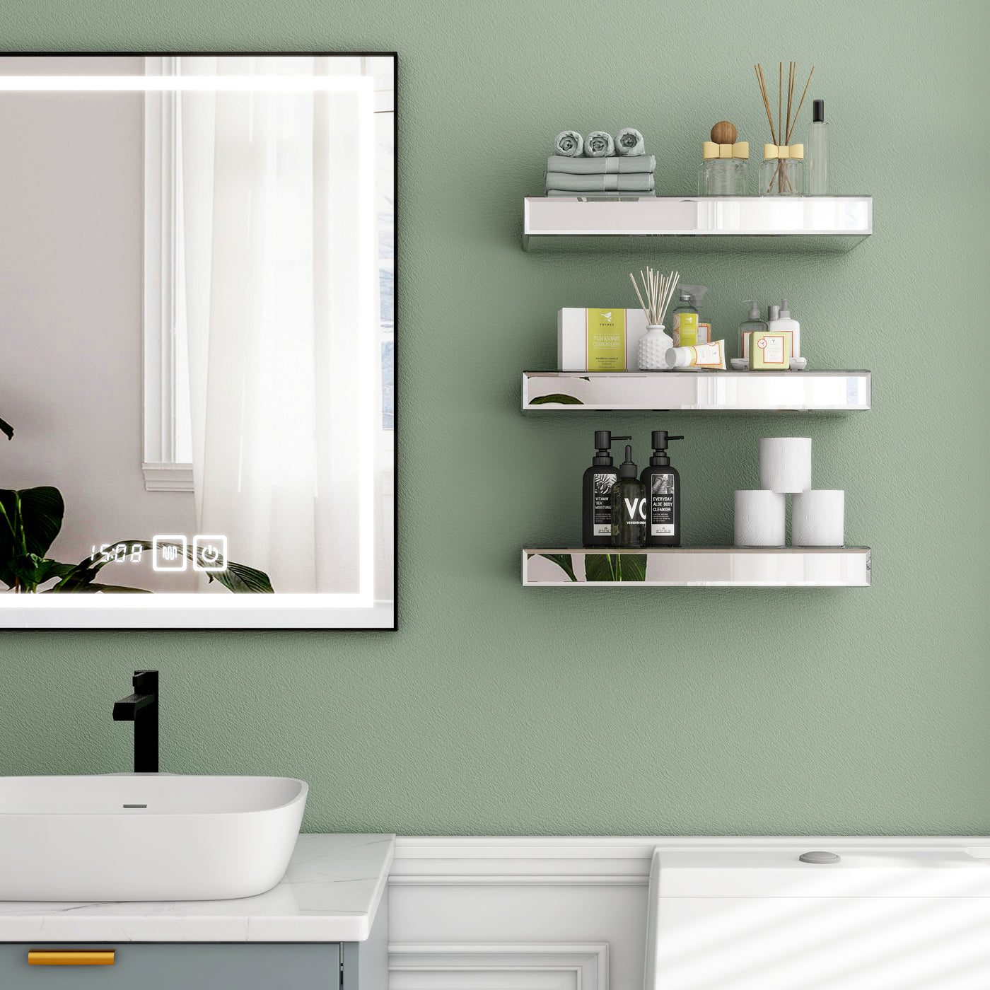 Silver Set of 3 Mirrored Glass Floating Shelves