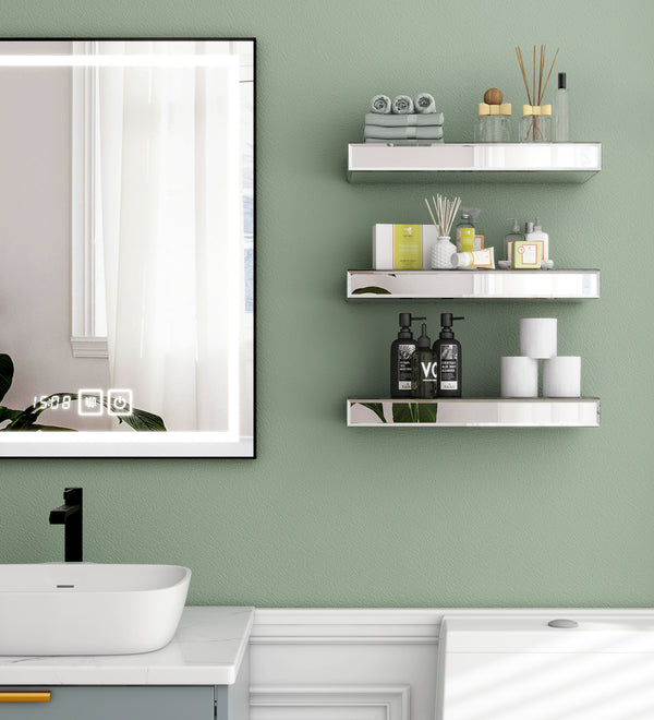 Silver Set of 3 Mirrored Glass Floating Shelves