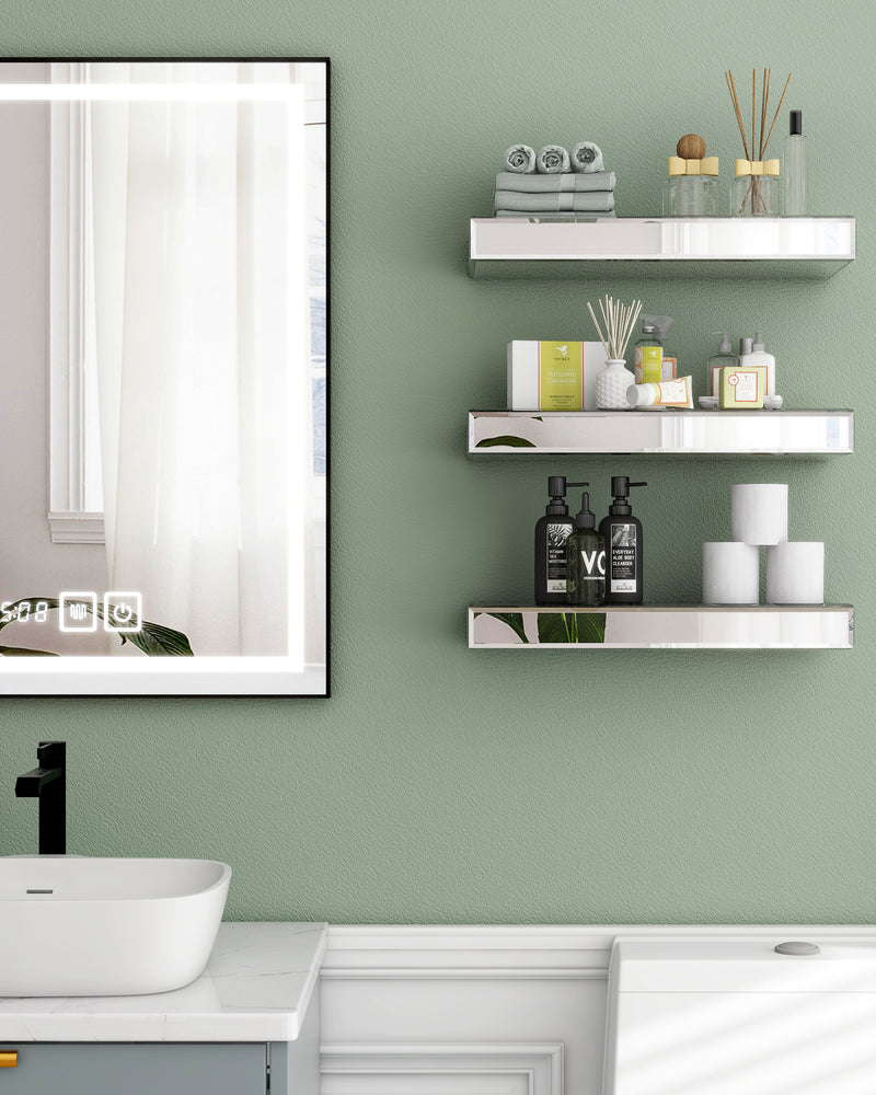 Silver Set of 3 Mirrored Glass Floating Shelves