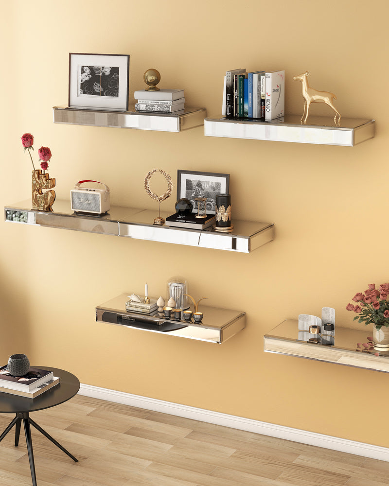 Silver Set of 3 Mirrored Glass Floating Shelves