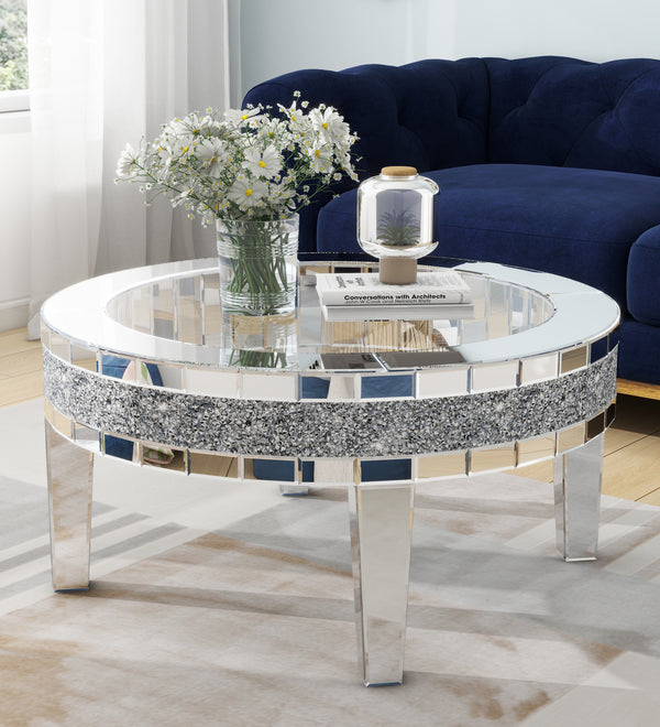 Round Glass Top Silver Accent Table Decor With Crushed Diamond Coffee Table