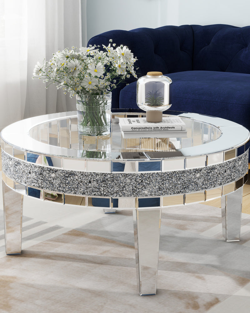 Round Glass Top Silver Accent Table Decor With Crushed Diamond Coffee Table