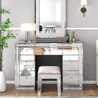 SHYFOY 7-Drawer Mirrored Vanity Dressing Makeup Table with Sparkling Diamond