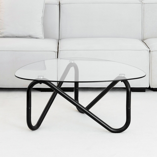 Modern Triangular Glass Coffee Table with Wavy Metal Base