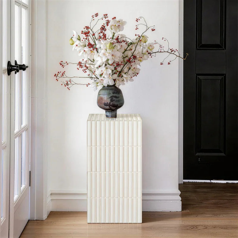 White Grid-Tiled Modern Square Accent Table