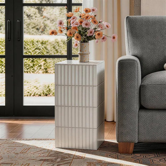 White Grid-Tiled Modern Square Accent Table
