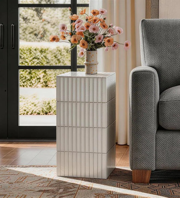 White Grid-Tiled Modern Square Accent Table