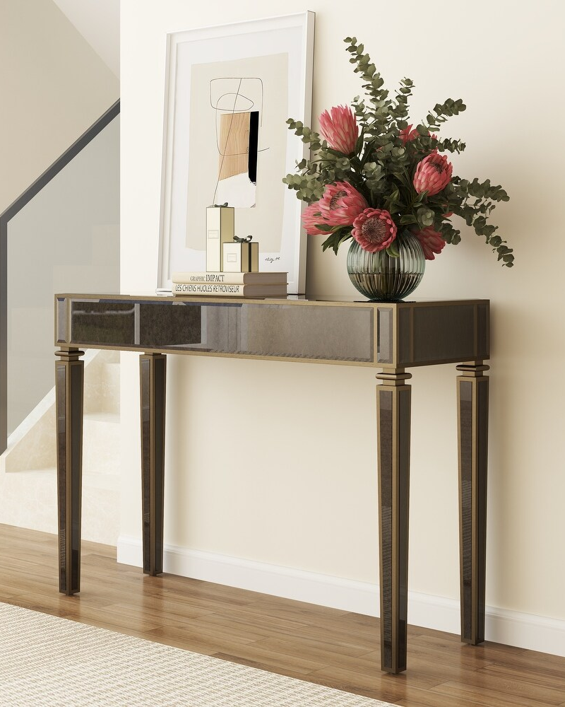 Antique Mirrored Console Table with Bronze-Toned Frame