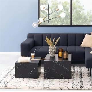 Black Marble MDF Square Coffee Table Fully Assembled, Sets of 2