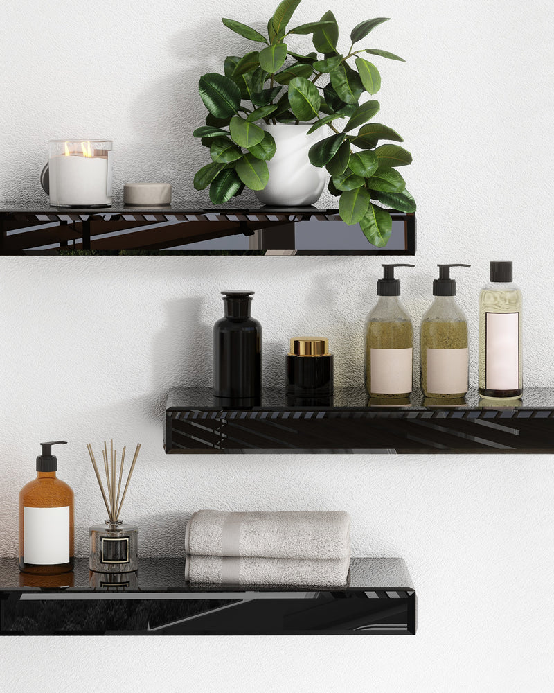 Black Set of 3 Mirrored Glass Floating Shelves