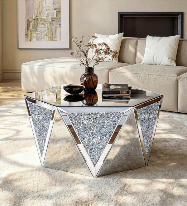 Luxury Mirrored Crystal Coffee Table with Geometric Glass Design