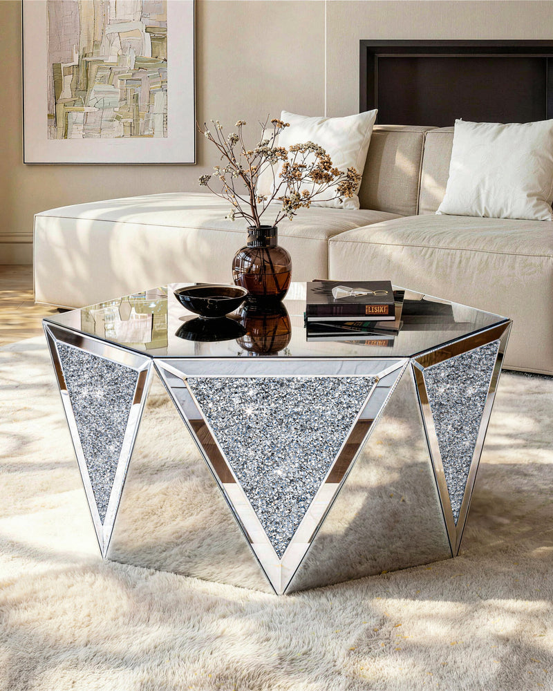 Luxury Mirrored Crystal Coffee Table with Geometric Glass Design