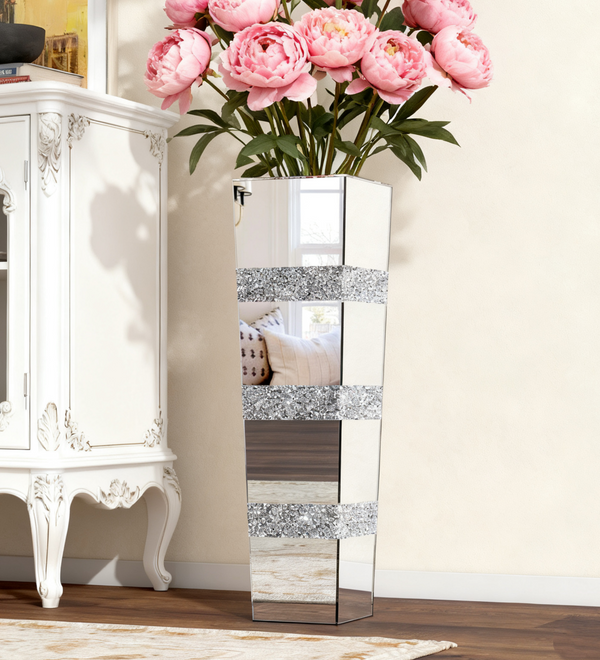 Mirrored Tall Floor Vase,  Large Crushed Diamond Floor Vase