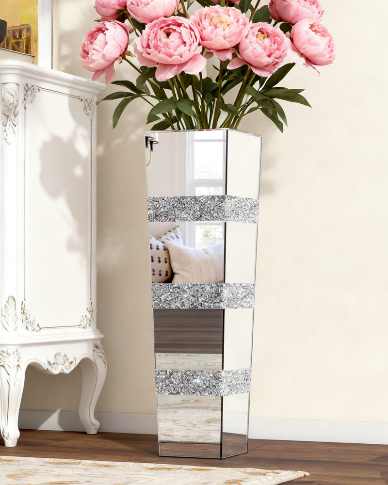 Mirrored Tall Floor Vase,  Large Crushed Diamond Floor Vase