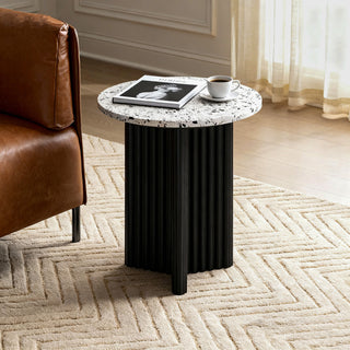 Modern Fluted Round Side Table with White Marble-look Top