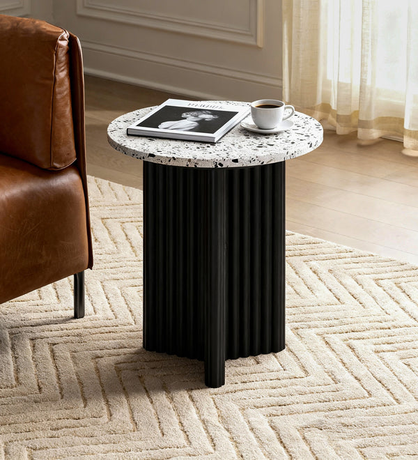 Modern Fluted Round Side Table with White Marble-look Top
