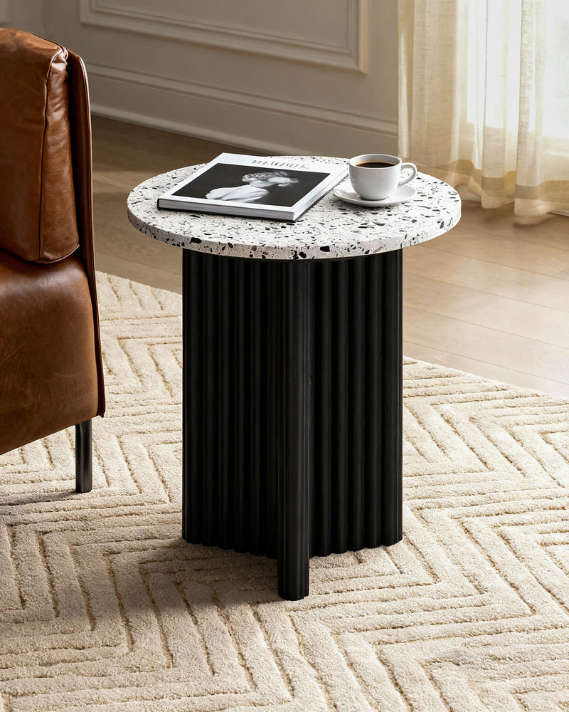 Modern Fluted Round Side Table with White Marble-look Top