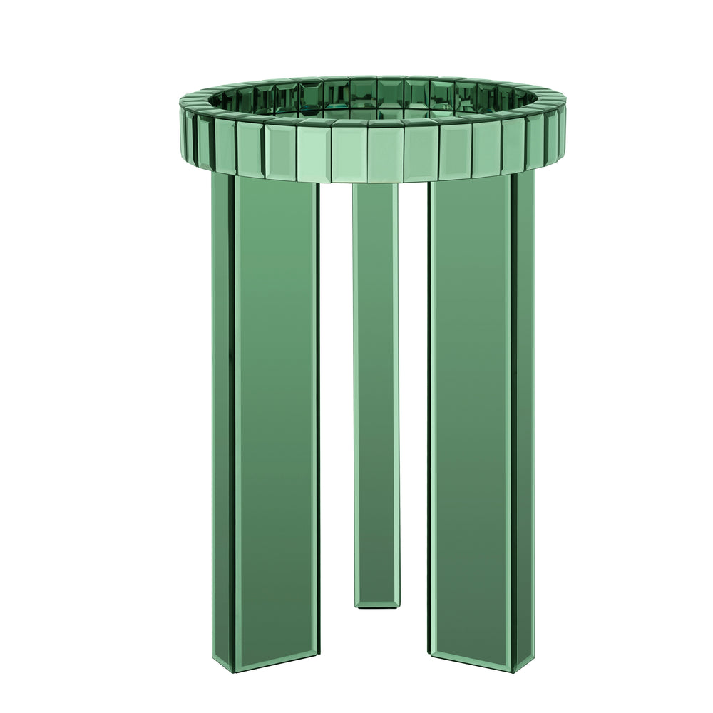 Green Mirrored End Table,  Round Glass Side Table with Three Legs