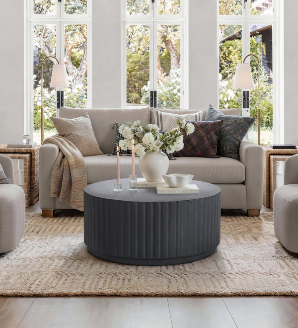 Black Modern Ribbed Round Concrete Coffee Table