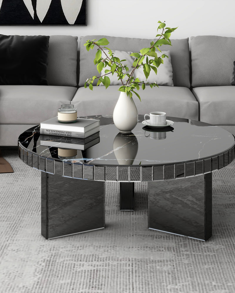 Black Mirrored Coffee Table with Marble Pattern