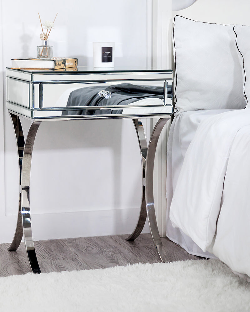 Mirrored Bedside Table with Stainless Steel,Silver Single Drawer Mirrored Night Table