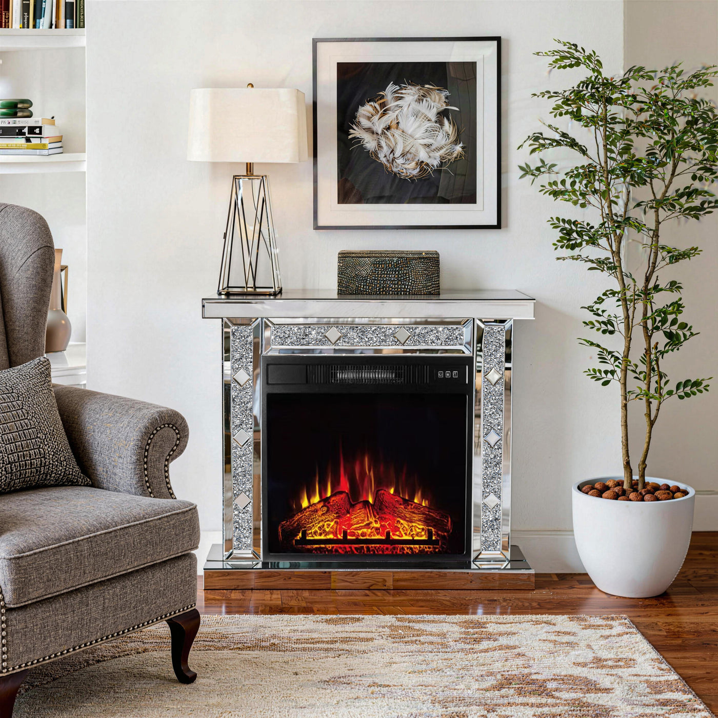 Mirrored Electric Fireplace, Fireplace Mantel Freestanding Heater Firebox with Remote Control