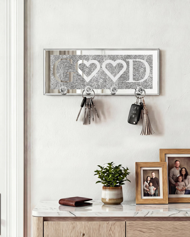 GOOD Mirrored Key Holder with Crystal Hooks, Sparkly Silver Mirror Wall Decor