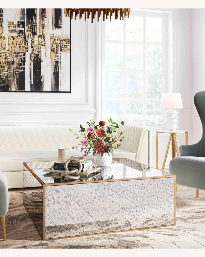 Mirrored Coffee Table, Rectangular Glass Dinning Table with Brushed Gold Frame