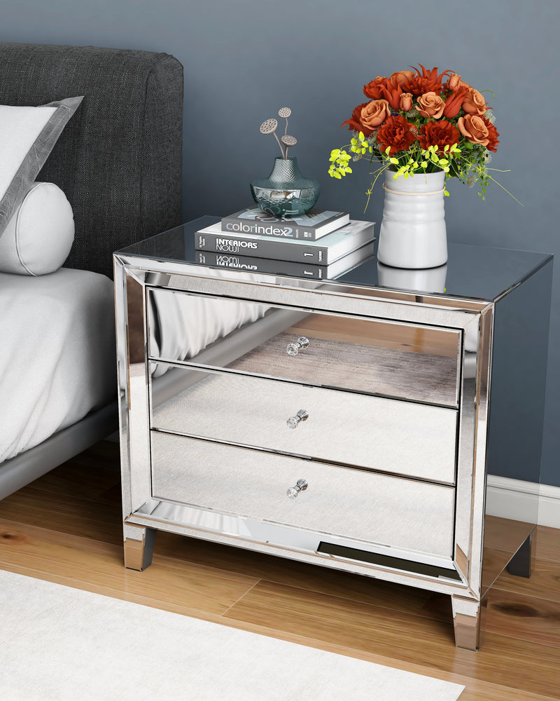 Glam Mirror Nightstand Bedside Table with 3 Drawer Chest