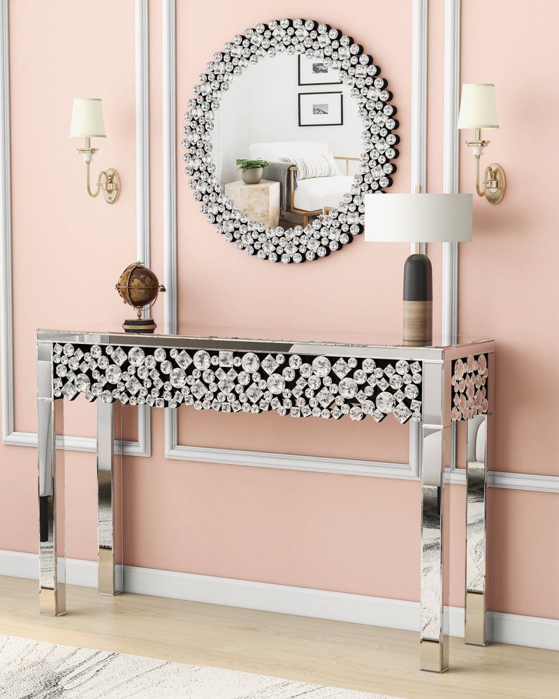 Glam Mirrored Entryway Table Console Table with Crystal Frame