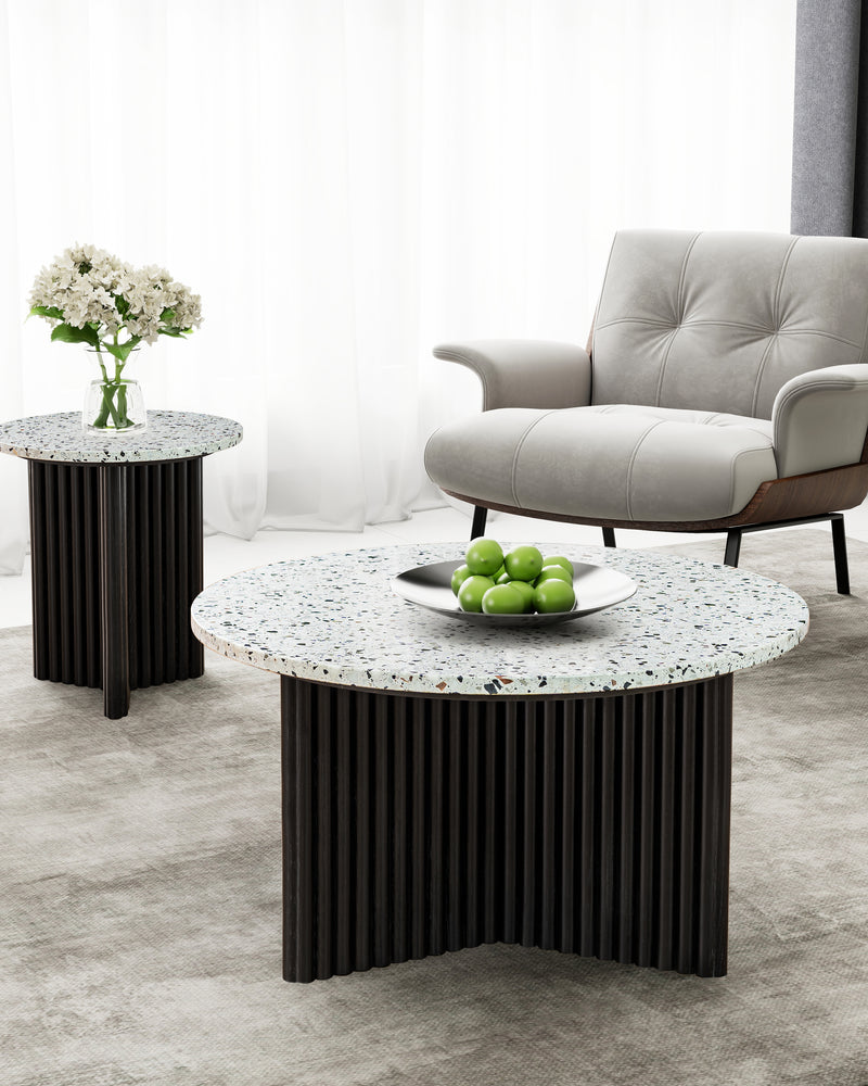 Modern Round Coffee Table with Ribbed Black Base – Minimalist Living Room Accent