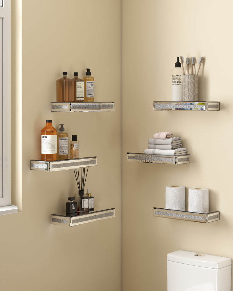 Mirrored Floating Shelves Wall Mounted Set of 6, Glitter Glass Mirror Storage Wall Shelves