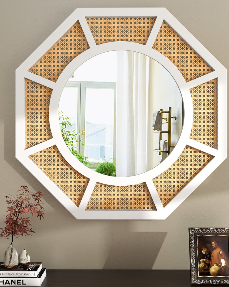 Large Rattan Mirror for Wall Decor Boho White Frame Wood
