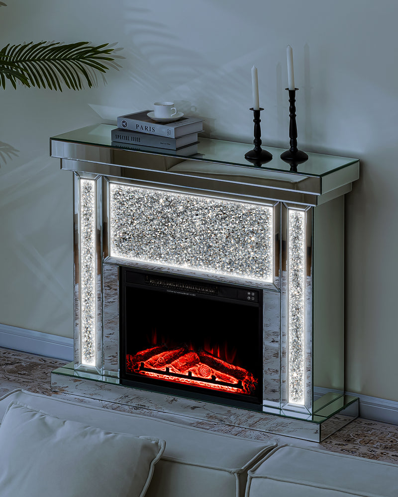 Electric Fireplace with Glass Mantel Surround, Crushed Diamonds inlay
