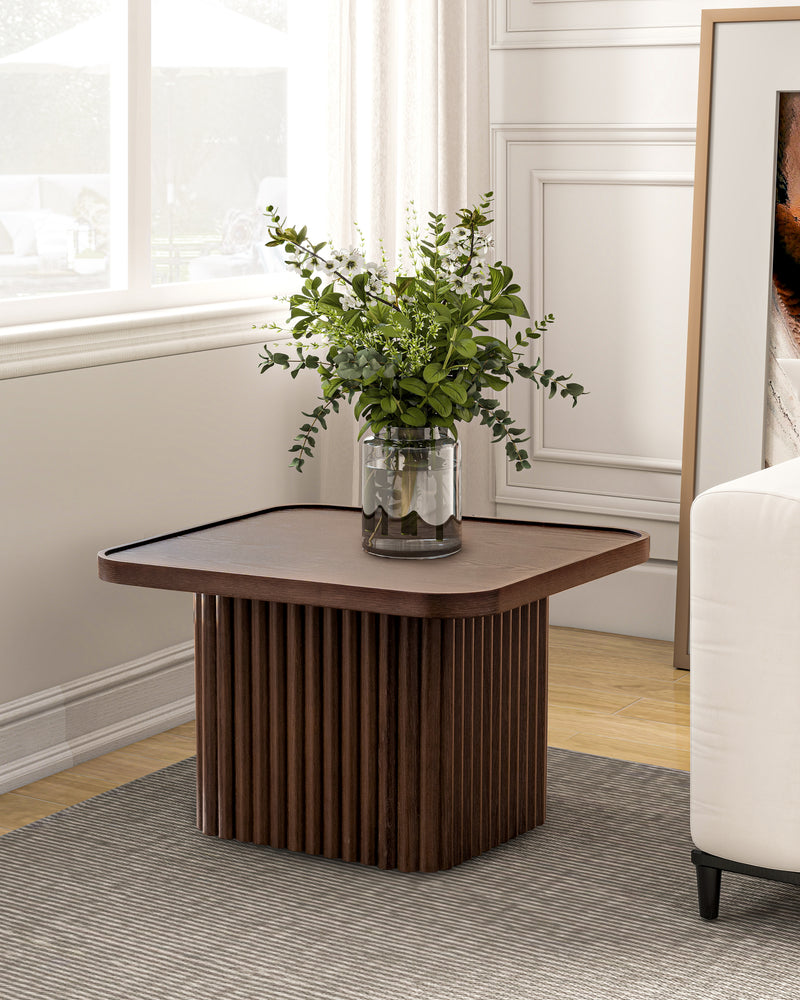 Square Wood Pedestal Coffee Table with Fluted Base