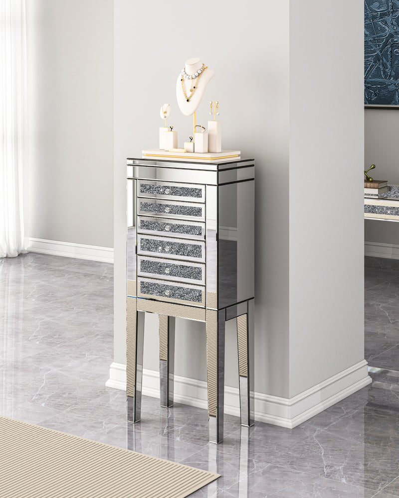 Mirrored Glass Jewelry Armoire with Crushed Diamond Inlay