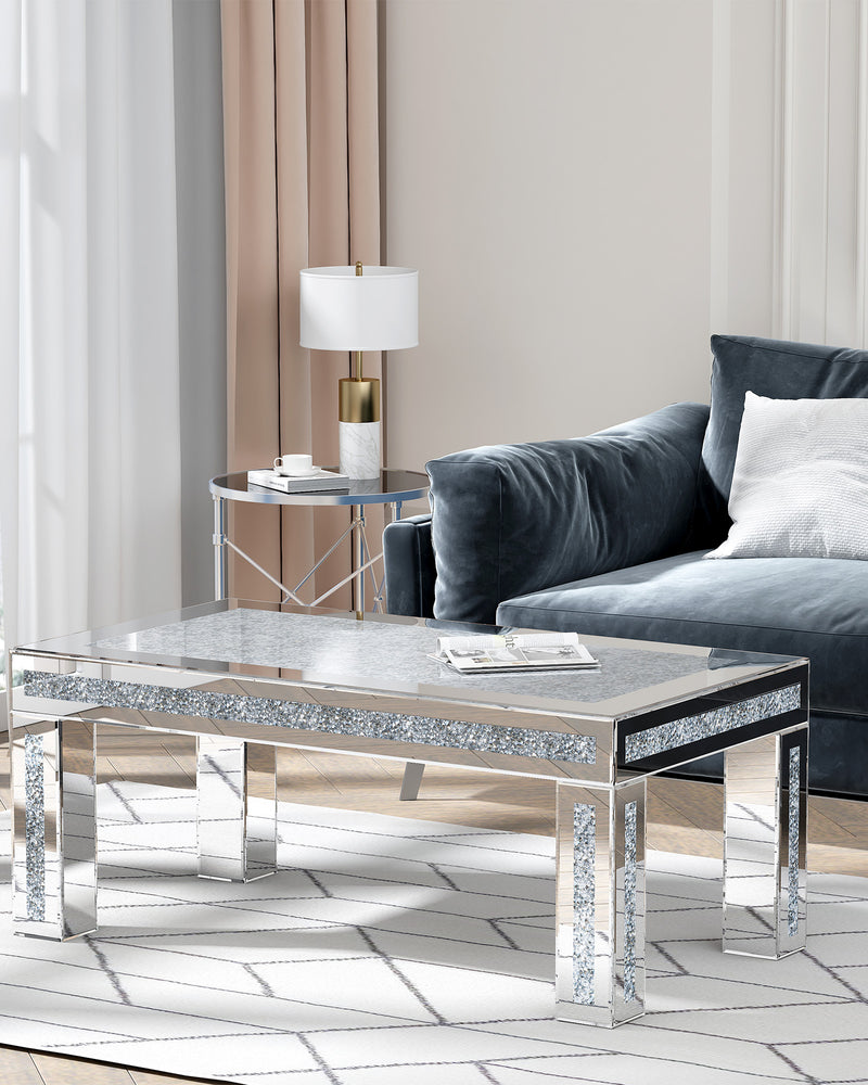 Mirrored Coffee Table with Crushed Diamond Inlay, Luxury Rectangular Glass Center Table