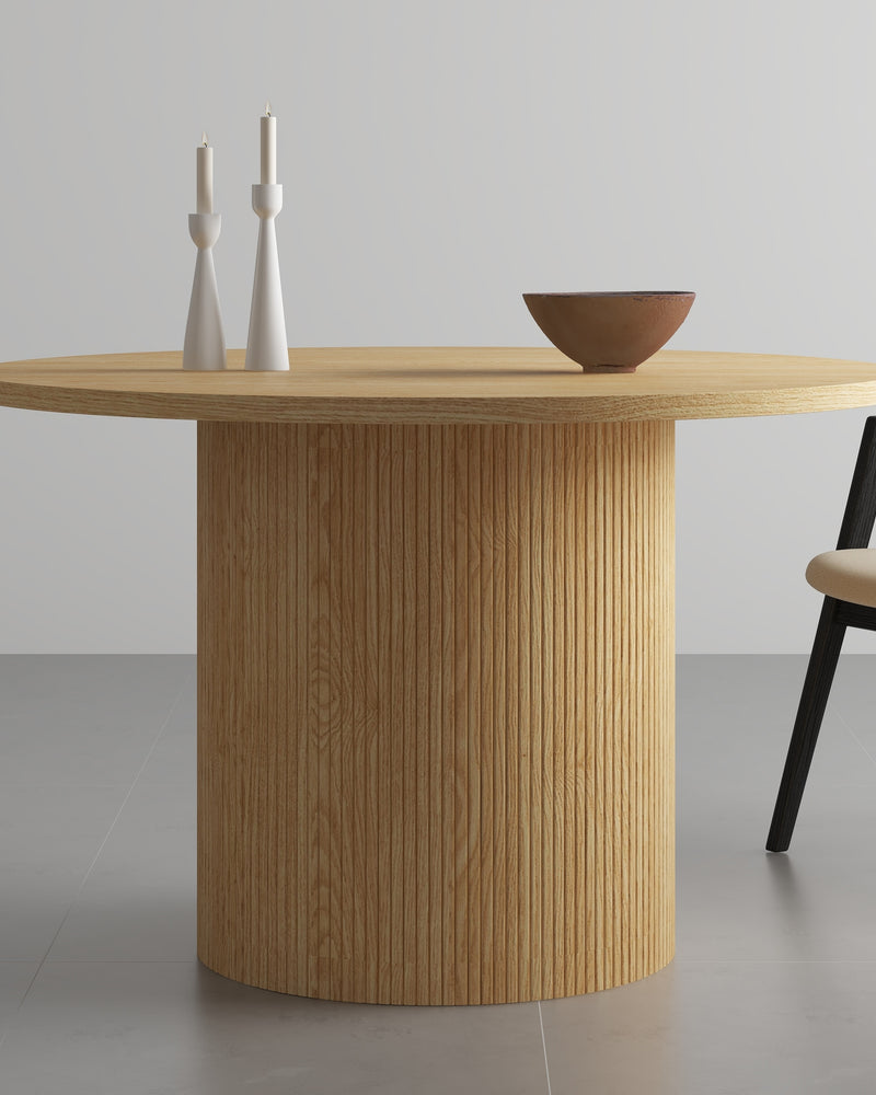 Oak Wood Round Fluted Pedestal Dining Table