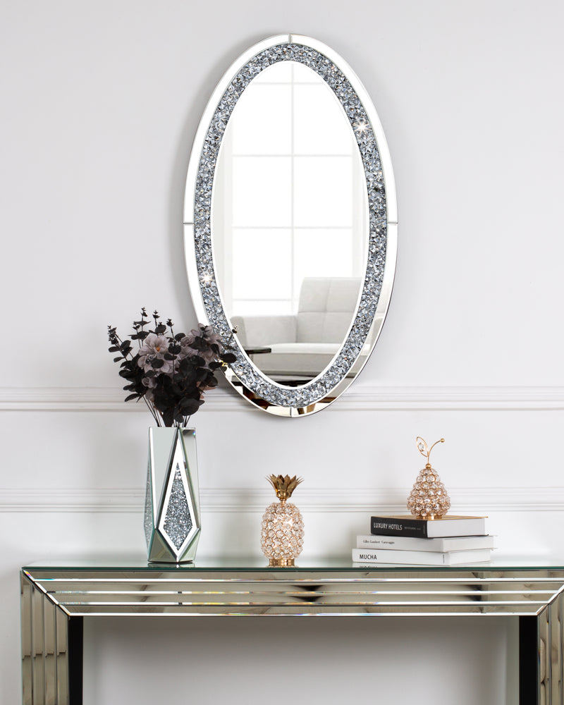 Oval Wall Mirror , Frameless Crystal Accent Mirror with Crushed Diamond Border