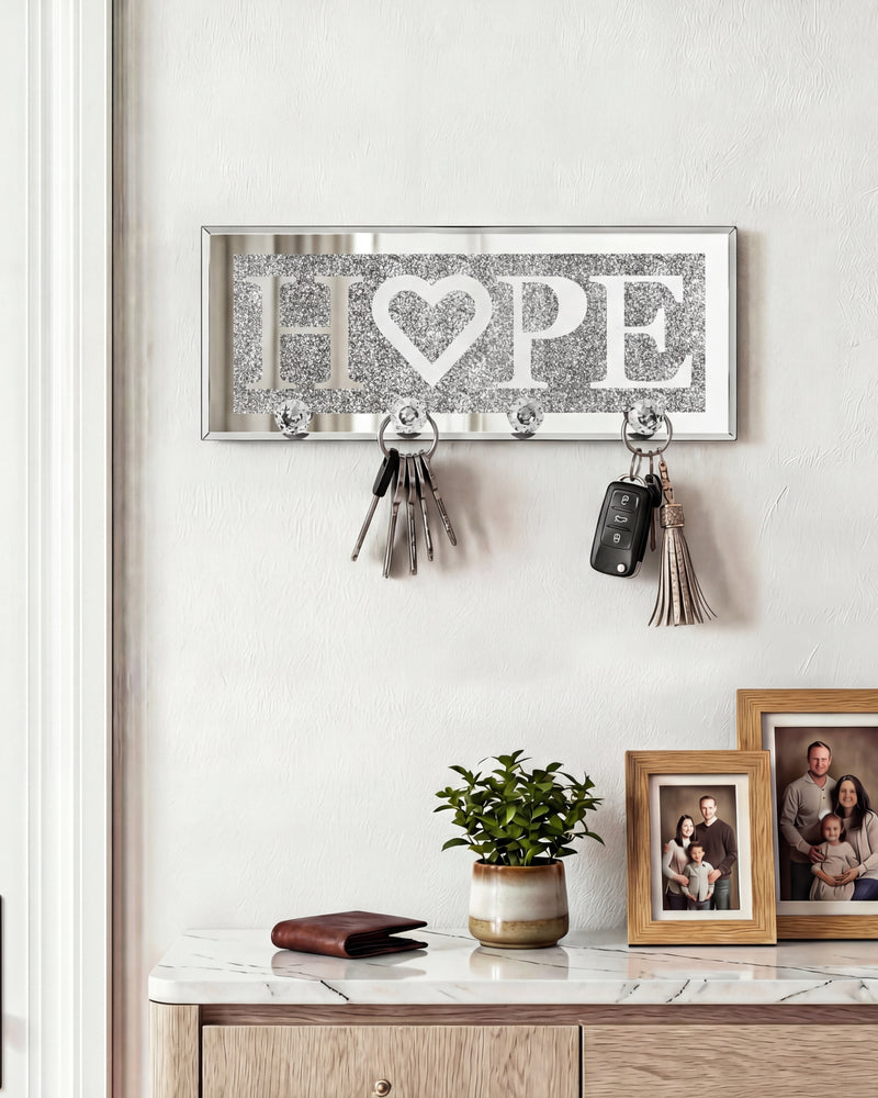 Mirrored HOPE Key Holder with Crystal Hooks Sparkly Silver Mirror Wall Decor
