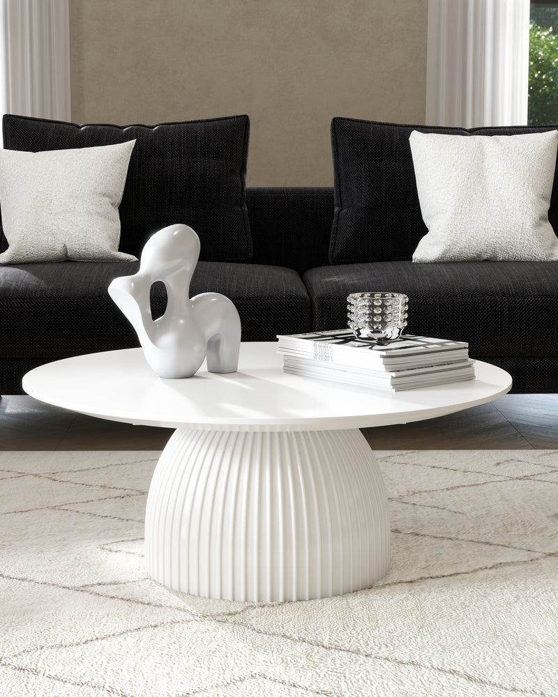 Modern Round Coffee Table, 35.4 inch White Drum Design