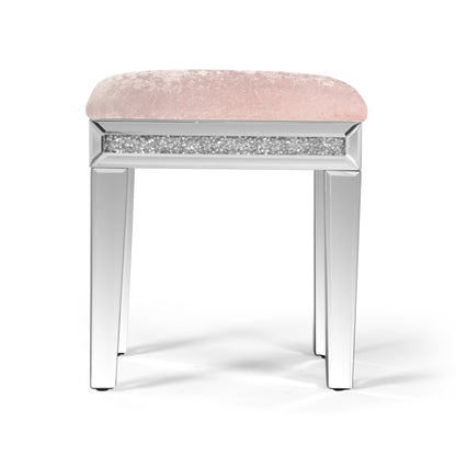 Taburete de Tocador Rosa con Espejo y Asiento Tapizado en Terciopelo