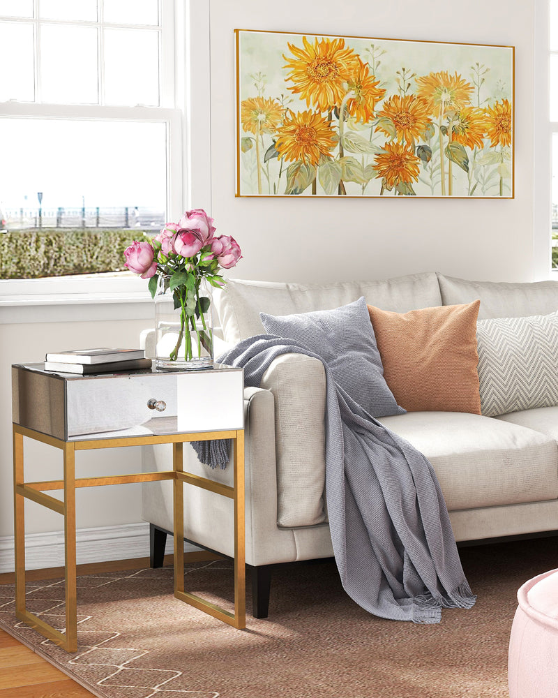 Mirrored Side Table Gold Legs Rectangle Accent End Table with Drawer