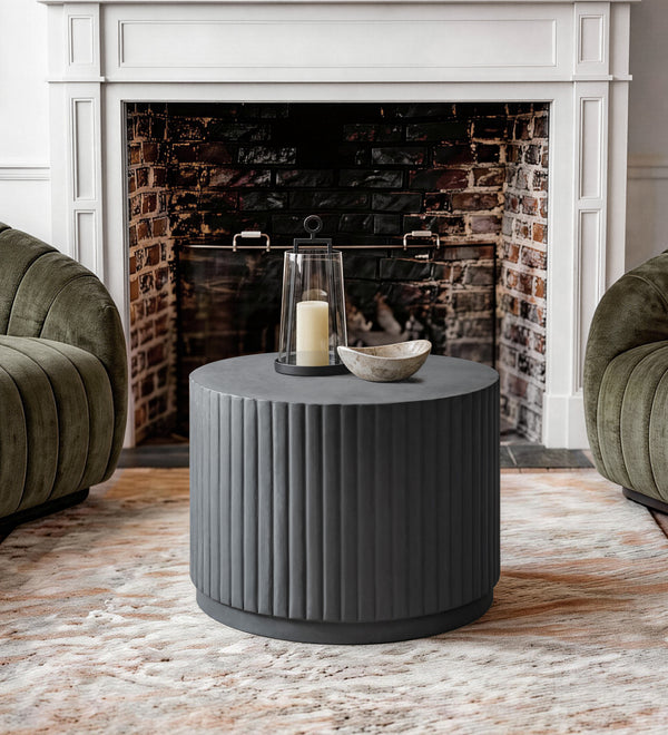 Black Modern Round Fluted Drum Magnesium Oxide End Table